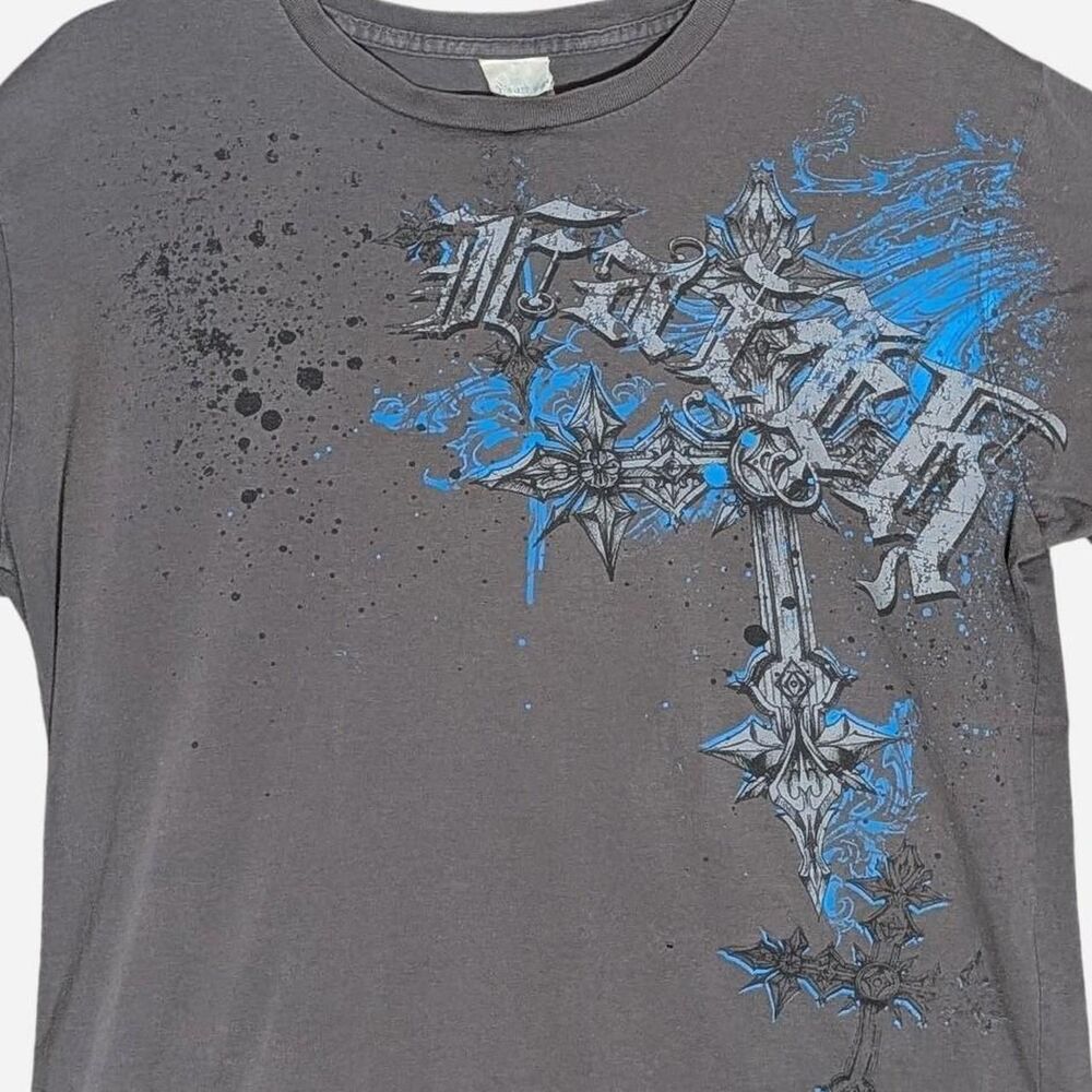 Grey Blue Affliction-inspired Tribal Y2K Faith Graphic tee, Large, 100% Cotton